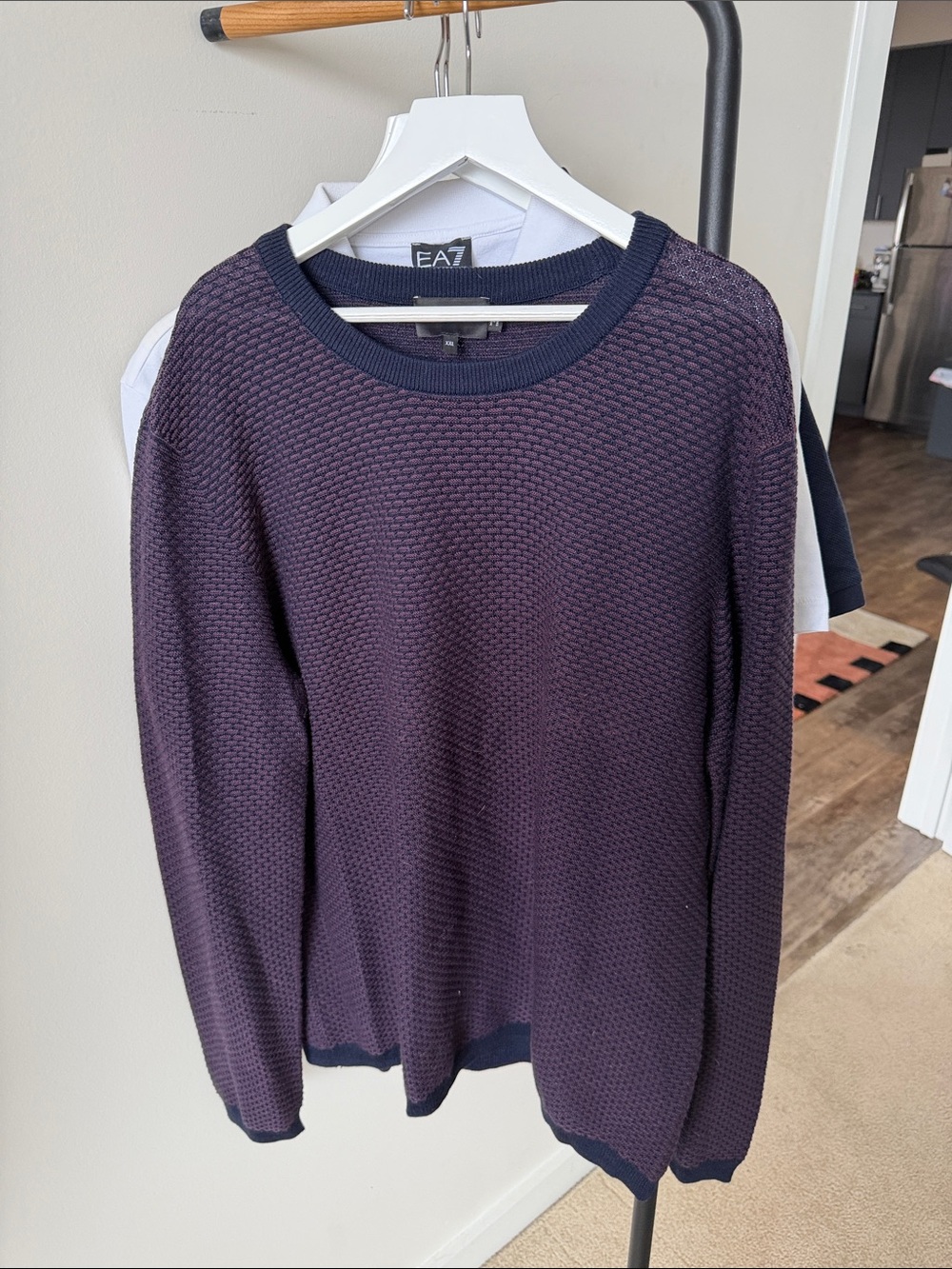 Emporio Armani Men's Textured Crewneck Sweater in Deep Purple with Navy Trim
